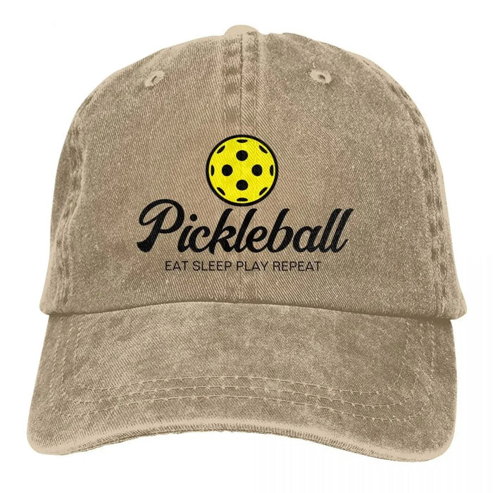 Wholesale Vintage Washed Baseball Cap With Yellow Pickleball Print Retro Distressed Curved Brim Adjustable Hat For Everyday Wear