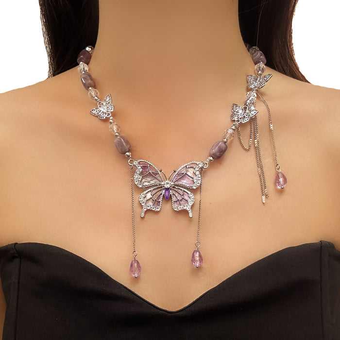 Wholesale Alloy Purple Crystal Butterfly Tassel Necklace Fashion Jewelry Accessory