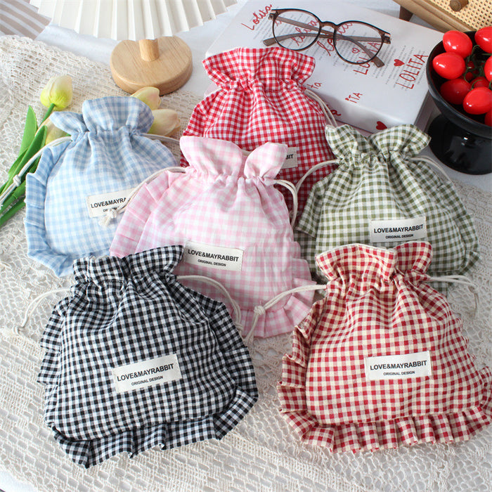 Wholesale Stylish Pink Plaid Drawstring Pouch With Lace Trim Multipurpose Travel Storage Bag For Makeup Brushes Fashion Accessory For Boutique Resale