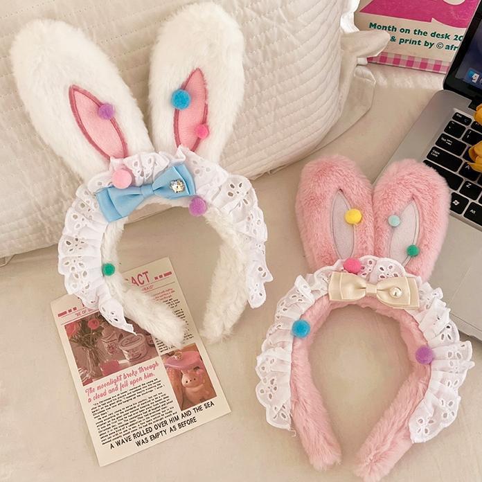 Wholesale Women's Cute Plush Bunny Ears Lace Bow Headband