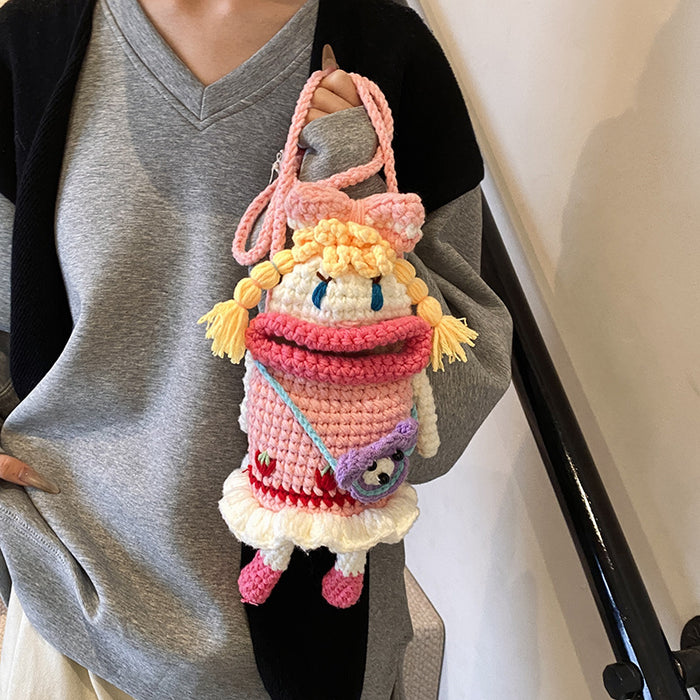 Wholesale Cute Handmade Crochet Bag Cartoon Doll Wool Bag Finished Woven Women's Crossbody Bag