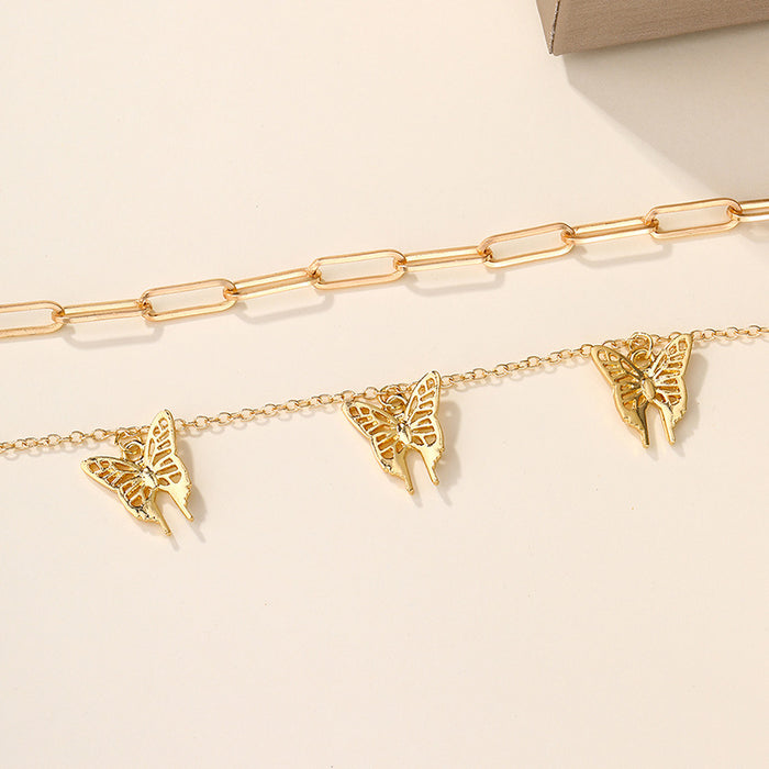 Wholesale Fashion and personalized double layered necklace with alloy butterfly thick chain pendant for accessories