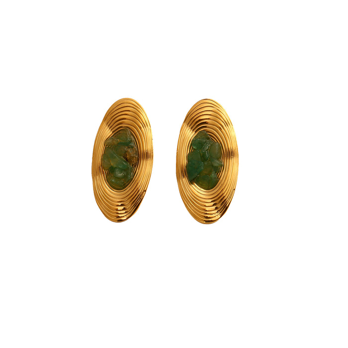 Wholesale Vintage exquisite high-end stainless steel oval earrings set with natural stone earrings and ring set