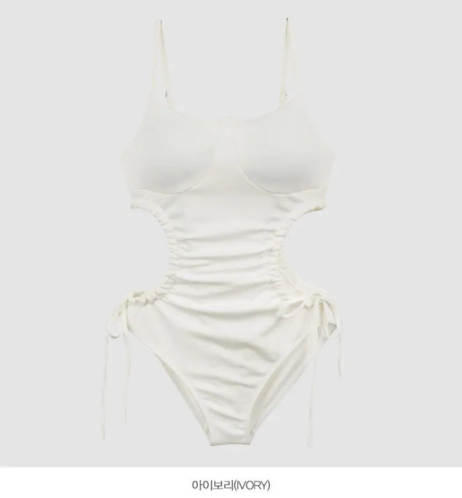 Wholesale Solid color minimalist drawstring slimming one-piece swimsuit for women
