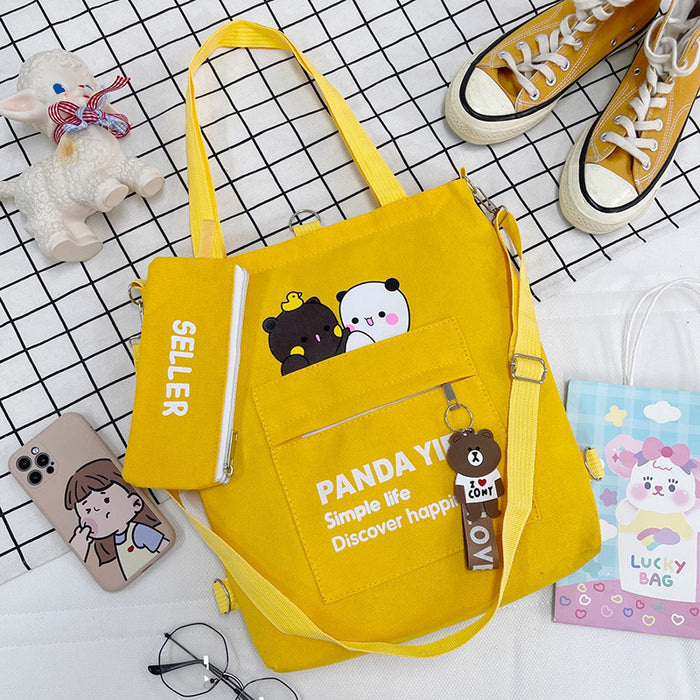 Wholesale Canvas Shoulder Bag Cartoon Bear Two-piece Student Double Back Canvas Bag Crossbody Large Capacity Tote Bag