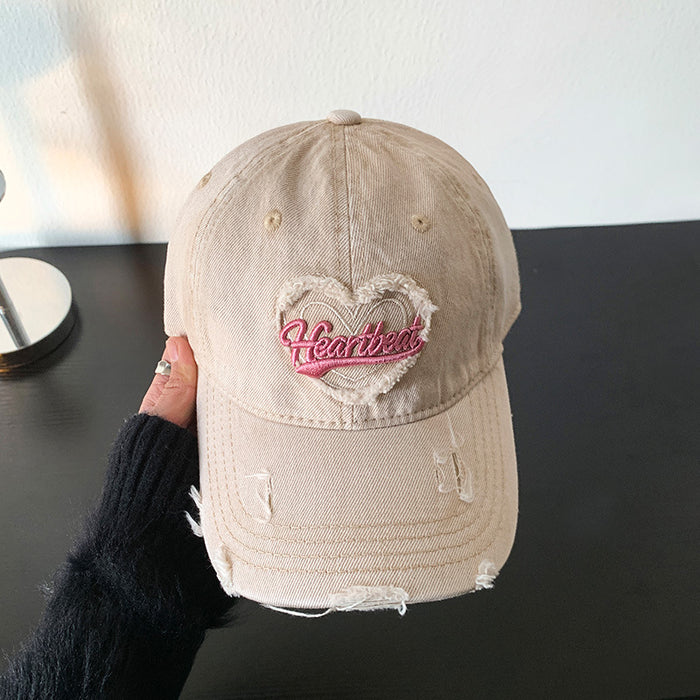 Wholesale Love washed denim baseball cap, retro distressed distressed, wide brim duckbill cap