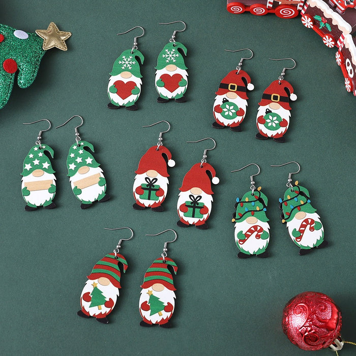 Wholesale Christmas Cute Dwarf Christmas Tree Pendant Earrings Wooden Double-sided Earrings Christmas Gift