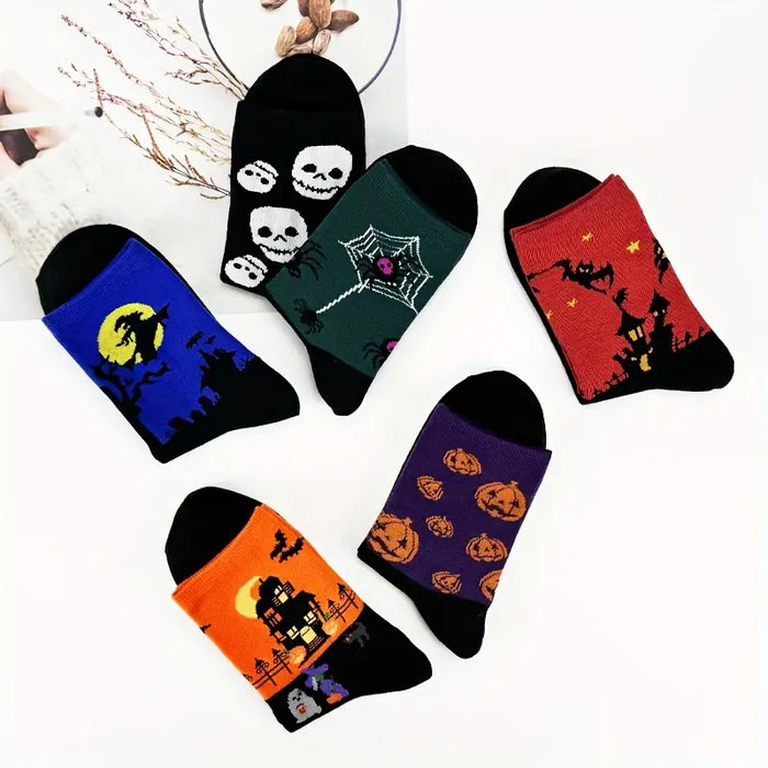 Wholesale 5pcs Halloween Skull Pumpkin Bat Cartoon Printed Polyester Cartoon Middle Tube Socks JDC-SK-Xinh026