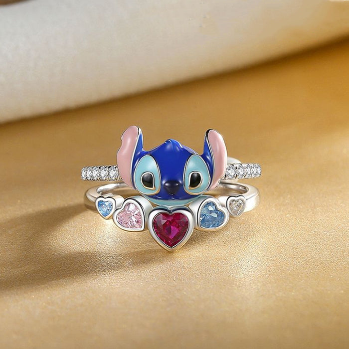 Wholesale Lilo & Stitch Anime Periphery Stitch Angel Micro-inlaid White Stone Two-piece Ring JDC-RS-jinmiao001