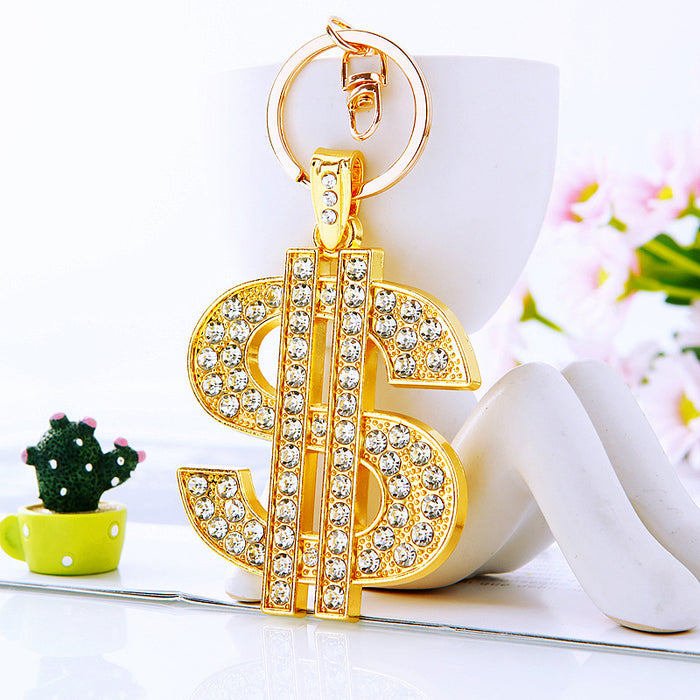 Wholesale Dollar symbol car keychain metal pendant keychain ring inlaid with diamonds creative gift