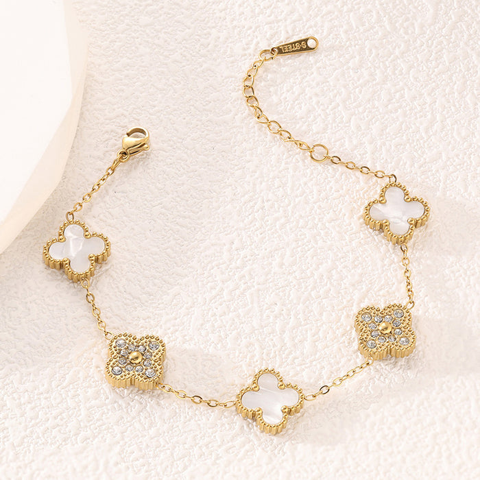 Wholesale Four leaf clover light luxury design double-sided five flower bracelet with diamond inlaid and flower titanium steel