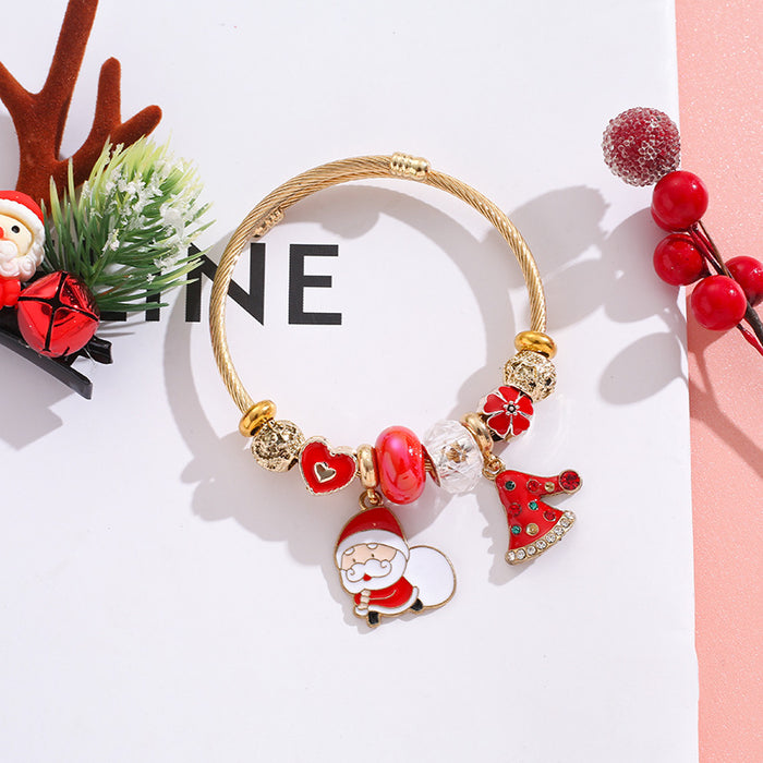 Wholesale Stainless Steel Elk Snowflake Bell Pendant Beaded Bracelet Christmas MOQ≥2