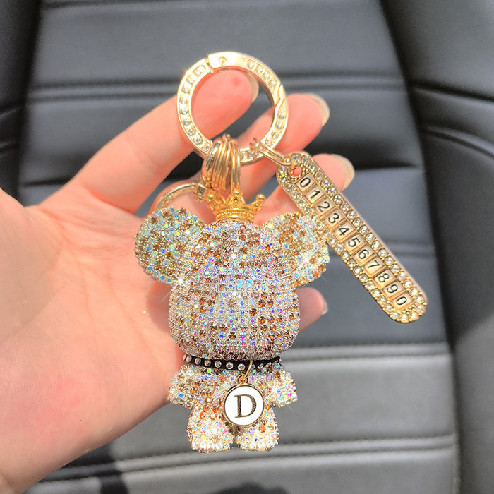 Wholesale Car Keychain Full Diamond Cartoon Big Head Bear Key Chain Letter Cartoon Exquisite Girl Key Pendant Gift