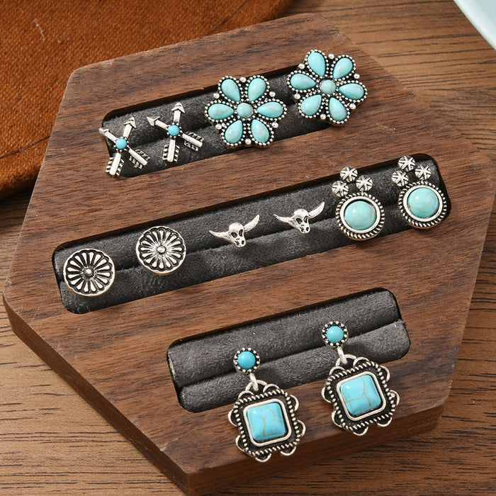 Wholesale Trendy Bohemian Turquoise Bull Head Flower Earrings For Women Alloy Handmade Jewelry Accessory Boutique Resale