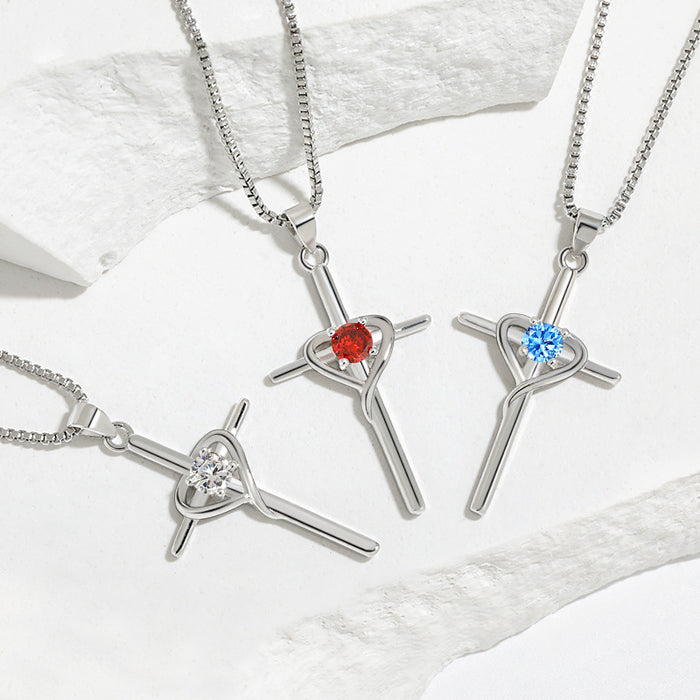 Wholesale heart-shaped stone clavicle chain  retro cold wind faith cross necklace