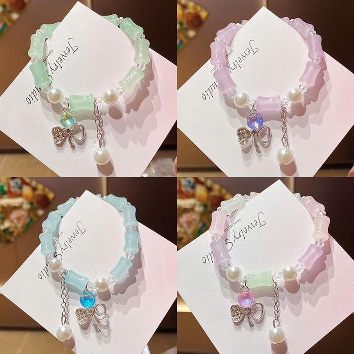 Wholesale Hand Beaded Powder Pink Bamboo Four Leaf Clover Bracelet MOQ≥2