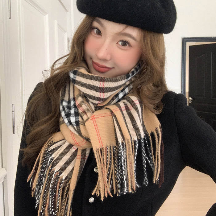 Wholesale  Winter Classic Plaid Faux Cashmere  Tassel Shawl