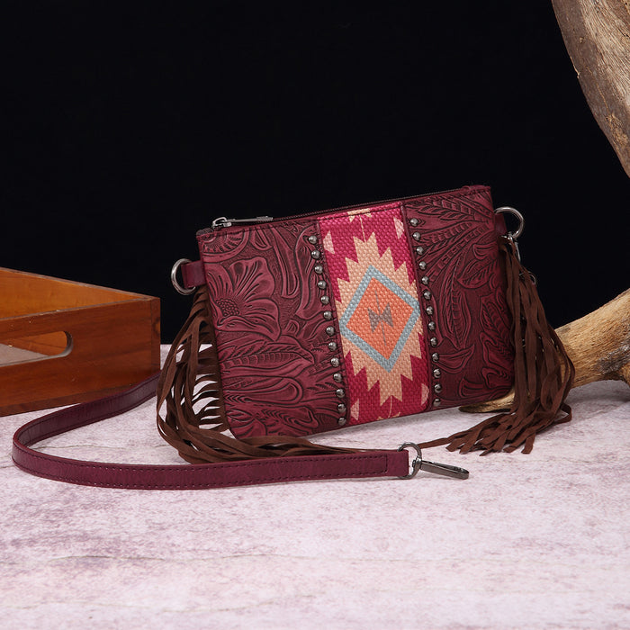 Wholesale Vintage Cotton and Linen Print Western Bohemian Leather Carving Hand Wallet Crossbody Women' s Bag