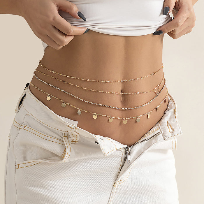 Wholesale Sexy multi-layer tassel sequin metal chain waist chain street racket rhinestone heart body chain