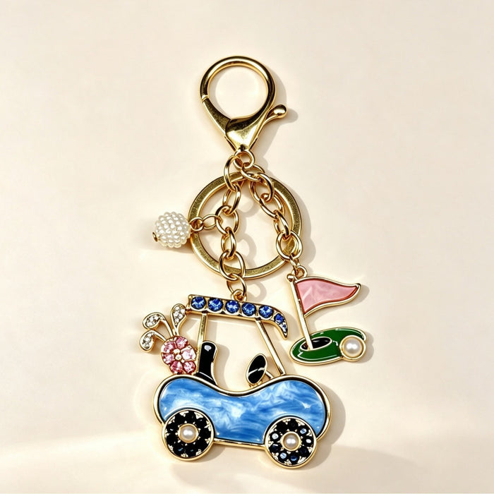 Wholesale Golf Themed Keychain With Rhinestone Pearl Accent Gold Metal Key Ring Fashion Car Key Accessory Everyday Gift For Resale