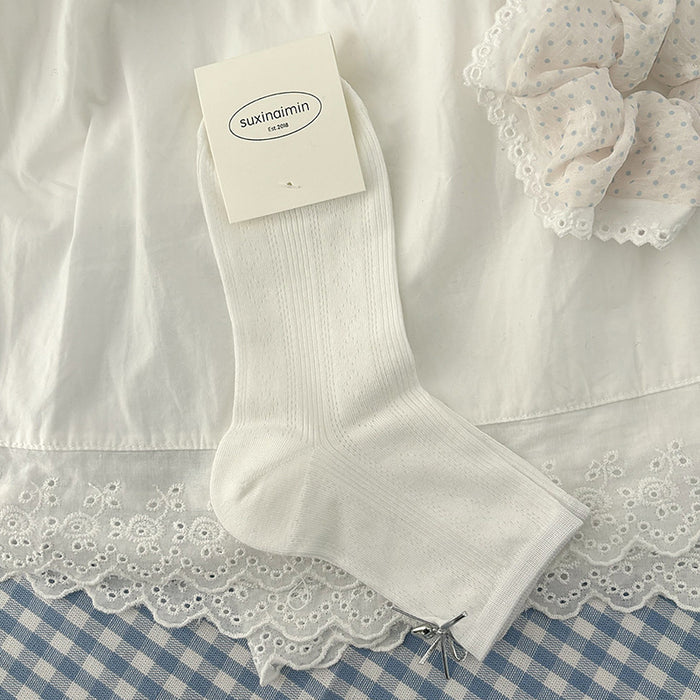 Wholesale Love Silver Wire Bow Middle Socks Breathable Hollow Short Socks