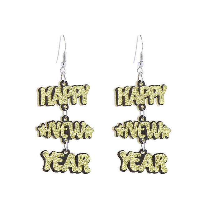 Wholesale New Year Celebration Wooden Earrings Happy New Year Letter Splicing Earrings