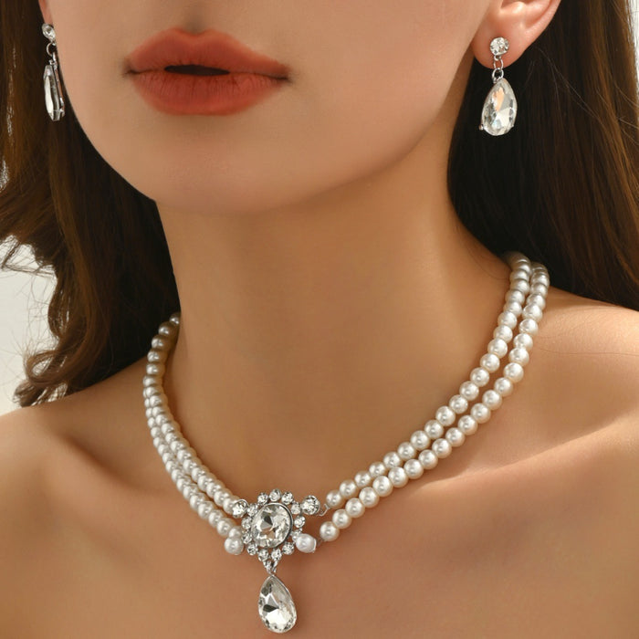 Wholesale Alloy Pearl Rhinestone Bridal Jewelry Set - 2 Piece Necklace Earrings MOQ≥2