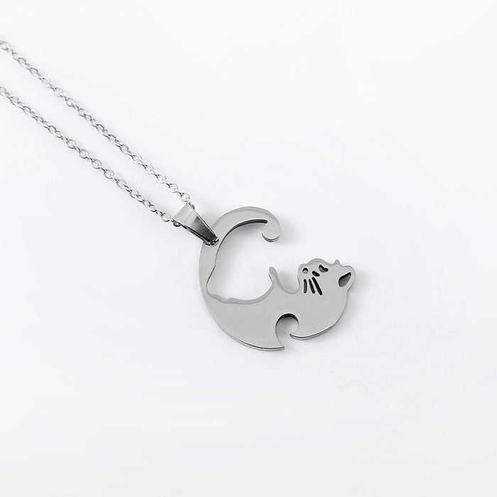 Wholesale Stainless Steel Black and White Cat Hug Splicing Pendant Necklace JDC-NE-LiL004