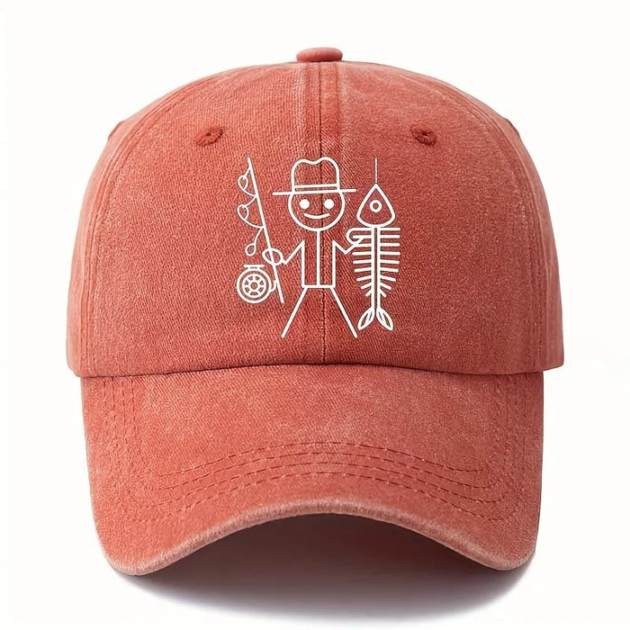 Wholesale Fun Fishing Stick Figure Fishbone Print Washed Baseball Cap Summer Sun Hat