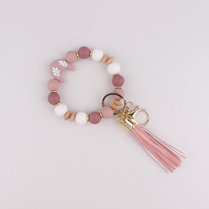 Wholesale Silicone moon beads bag key bracelet bracelet silicone beads beech wood beads tassel keychain