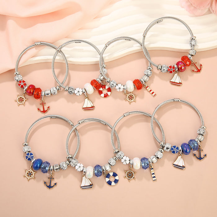 Wholesale Sailboat,  Lifebuoy,  and Lighthouse Alloy Pendant Stainless Steel Bracelet