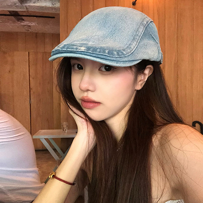 Wholesale Retro washed denim front versatile reverse ducktongue beret hat