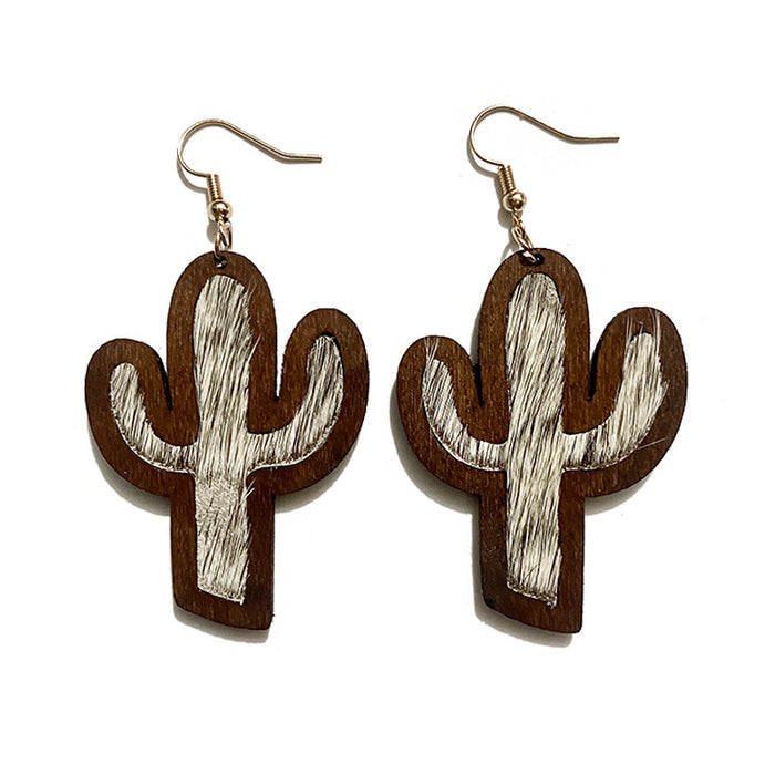 Wholesale Western genuine leather earrings vintage horsehair inlaid cactus wood earrings jewelry