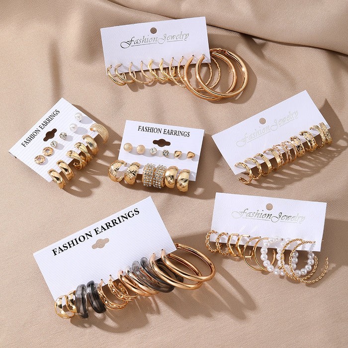 Wholesale Retro 6-piece creative heart-shaped rhinestone metal earrings