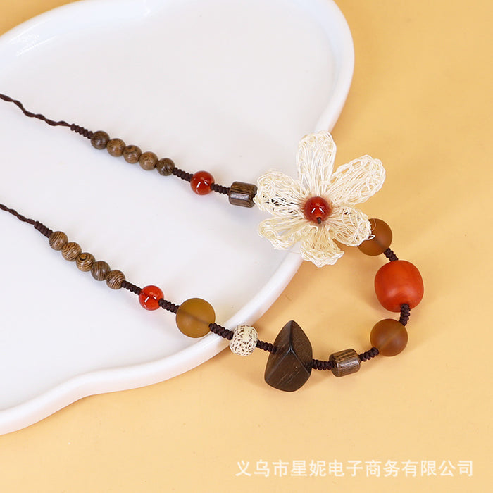 Wholesale Personalized Fashion Sweater Chain Women's Handmade Weaving Five Leaf Flower Pendant Wooden Hanging Chain Necklace Jewelry