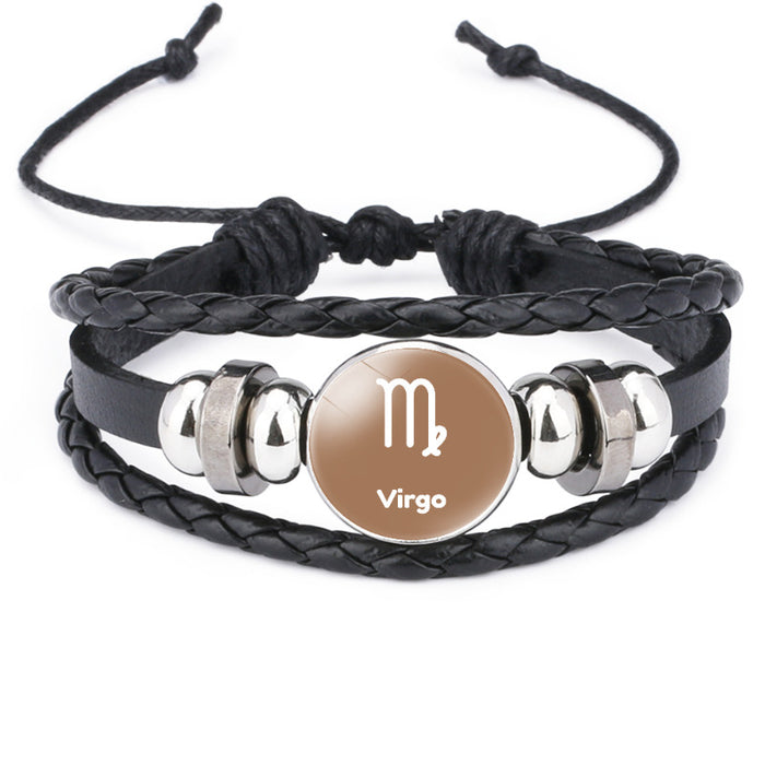 Wholesale Twelve Constellations Time Gemstone Black Leather Multi-layer Braided Bracelet JDC-BT-DMu003