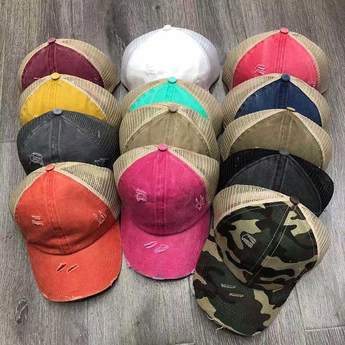 Wholesale Cotton Solid Color Distressed Mesh Cap Ponytail Cap Baseball Cap JDC-FH-ZhanH003