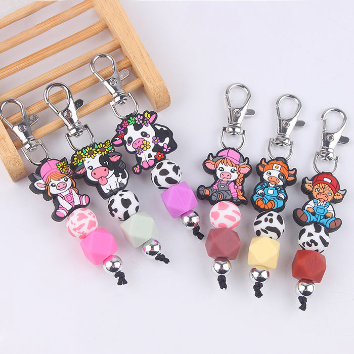 Wholesale Cartoon Cow Silicone Beaded Wrist Keychain JDC-KC-GuangTian039