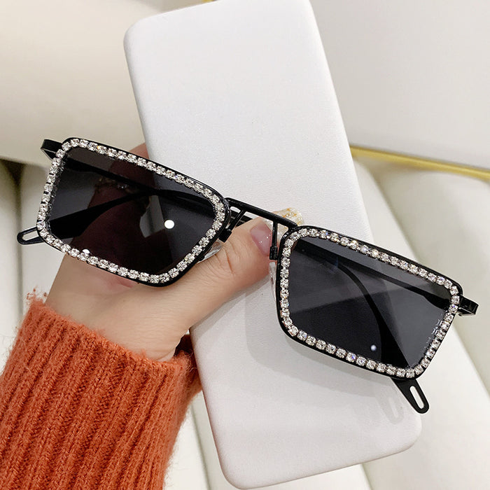 Wholesale New diamond studded small frame metal sunglasses, fashionable square frame sunglasses, high-end sunglasses