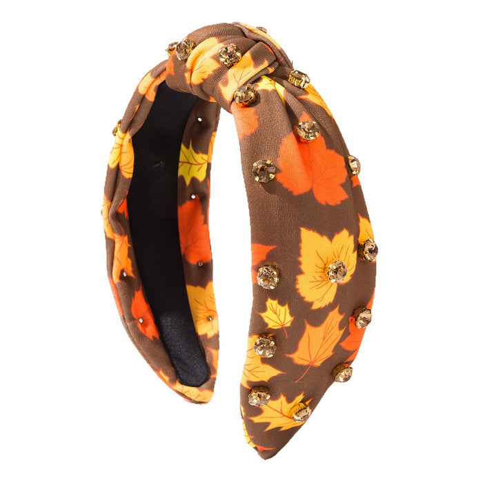 Wholesale Turkey Maple Leaf Rhinestone Printed Wide Edge Knot Hair Headband