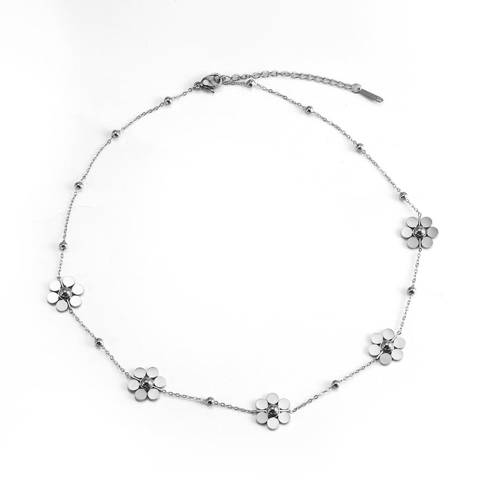 Wholesale Fashion temperament stainless steel floral daisy necklace with 6 petals and round bead chain color preservation wholesale