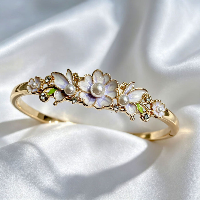 Wholesale New Chinese Style Pearl Flower Enamel Bangle Bracelet Light Purple Floral Jewelry Accessory Everyday Wear And Gift Giving Boutique Resale