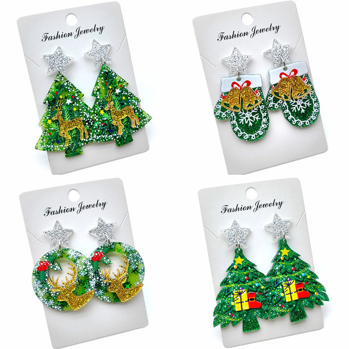 Wholesale Christmas acrylic double-layer three-dimensional earrings Christmas tree bells bright color holiday party earrings