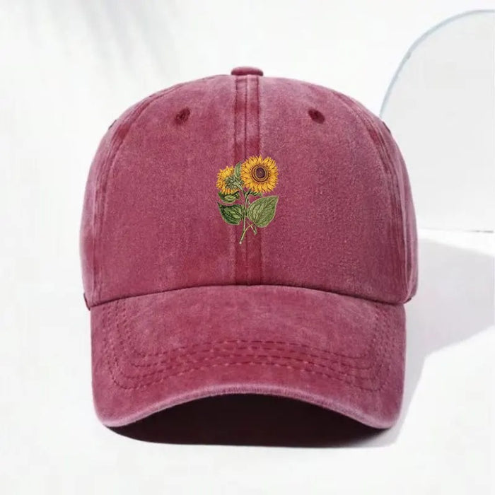 Wholesale Washed Distressed Baseball Cap With Sunflower Embroidery Forest Style Adjustable Hat For Women