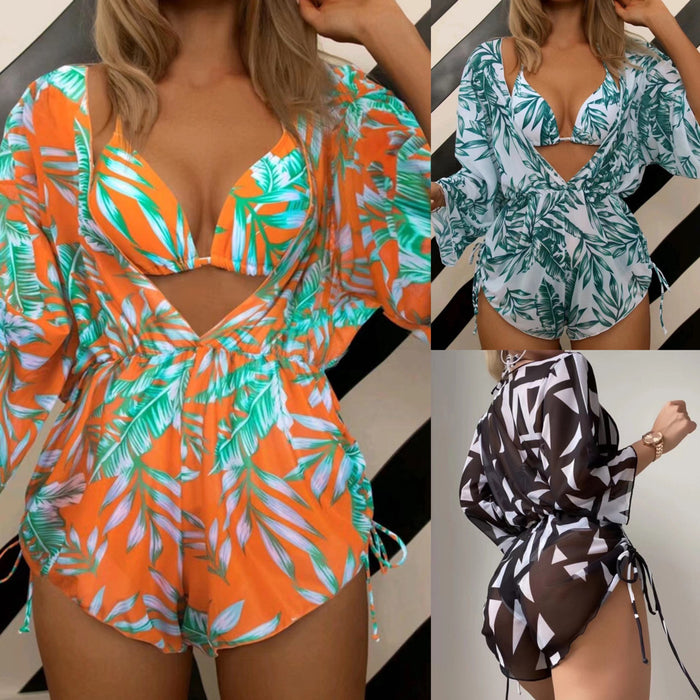 Wholesale Leaf Printed Waist Belt Sunproof Swimsuit Three Piece Set JDC-SW-DaAi007