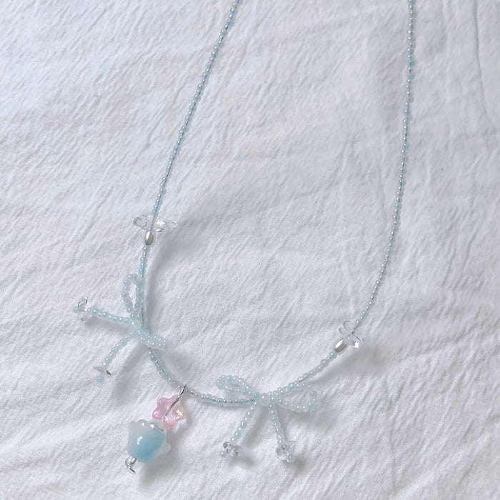 Wholesale Blue Beads Beaded Bow Necklace Fashionable Sweet Clavicle Chain