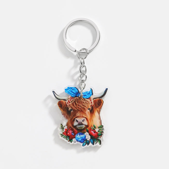 Wholesale 12PCS American Independence Day Acrylic Highland Cow Keychain JDC-KC-HuiWen008