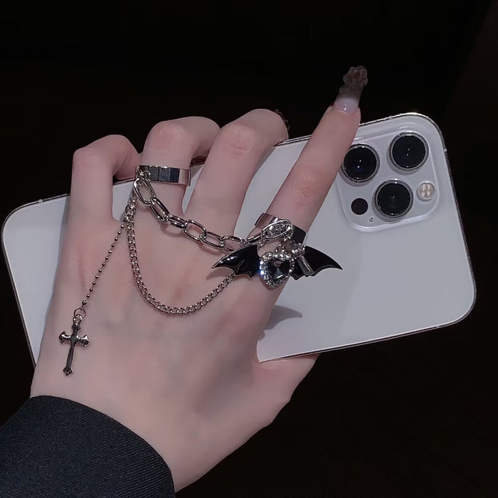Wholesale Black cross ring, niche tassel double ring ring