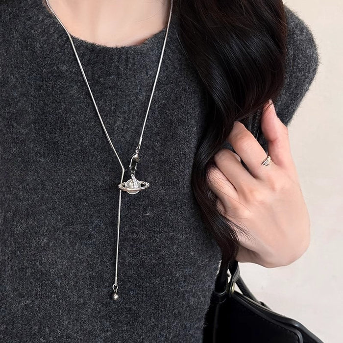 Wholesale Pearl  Pendant Necklace  Pull-out AdjustableTitanium Steel Woolen Chain