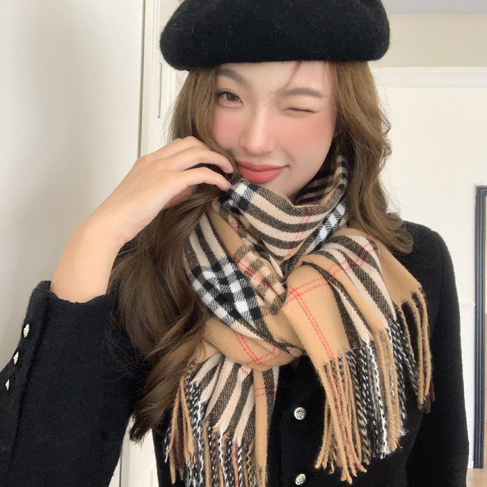 Wholesale  Winter Classic Plaid Faux Cashmere  Tassel Shawl